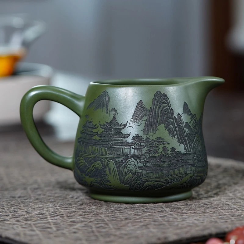 Handmade Yixing Zisha Teapot, Raw Ore Green Clay, Engraved with Serene Mountain Stream Scenery, Crafted by Shi, Large Capacity