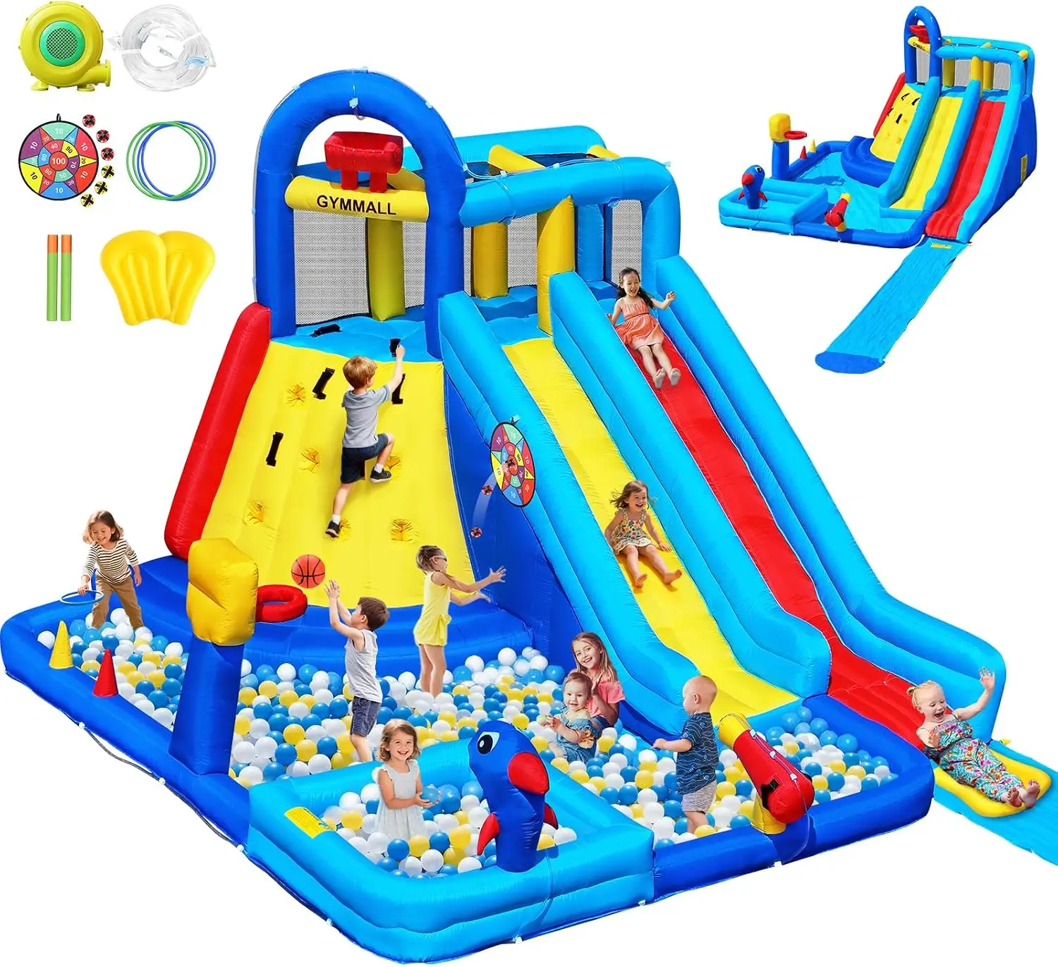 Inflatable Bounce House with Long Water Slide for Kids Ages 3-10, Water Bouncy Playhouse