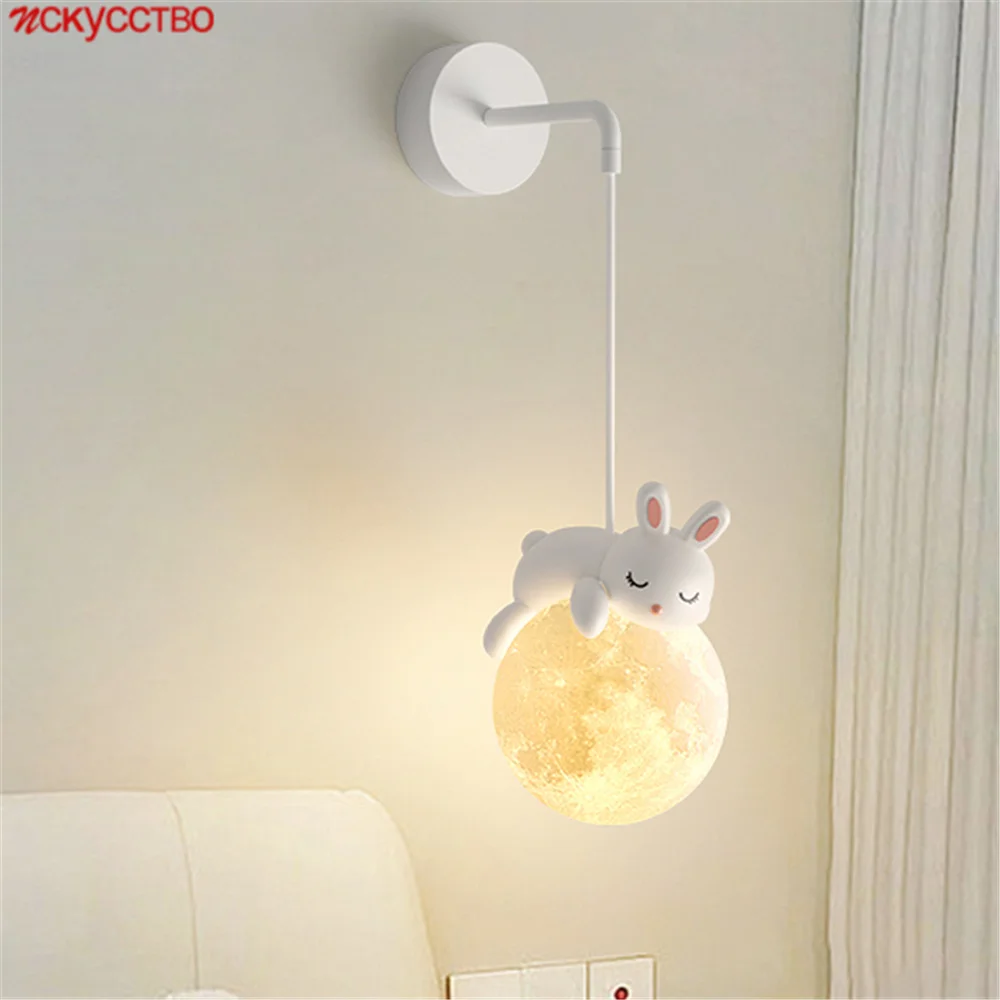 

Cartoon Rabbit Moon Kids Suspension Led Wall Lamp For Bedroom Bedside Sofas Baby Sleeping Night Lights Nursery Corridor Sconces