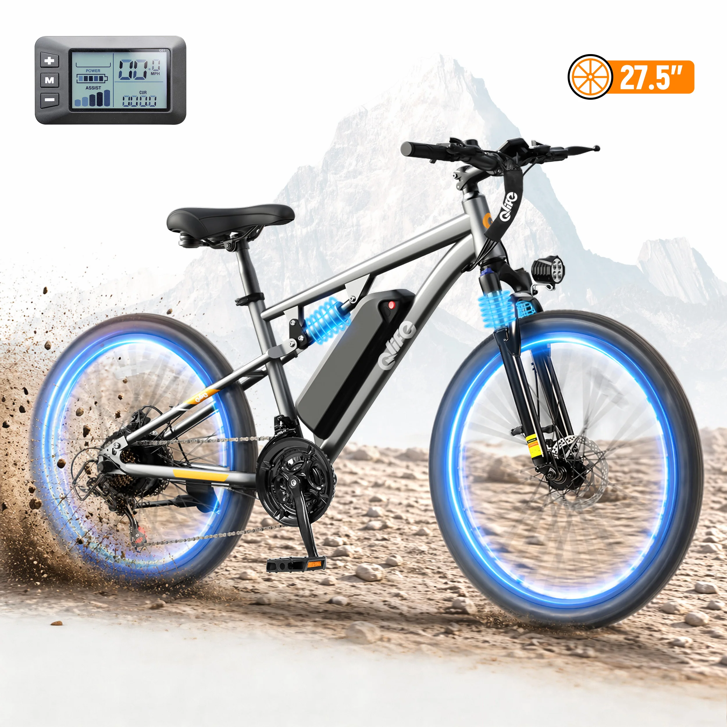 Qlife Racer Ultra Electric Bike for Adults, Peak 1200W 48V 10.4Ah,  27.5" Tire Electric Mountain Bike, 28MPH 55 Miles Off-road Electric Bicycle, 21-Speed E-Bicycle with Full Suspension image 7