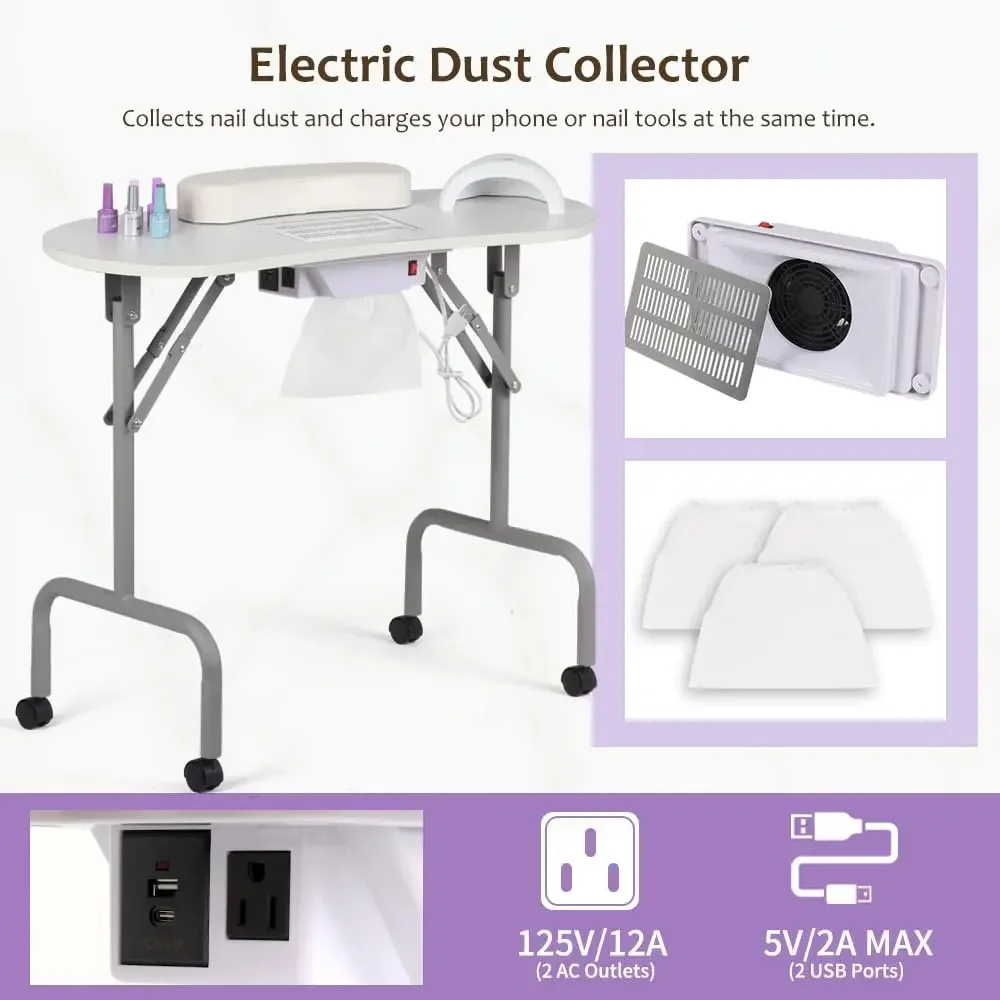 Manicure Table Foldable Nail Desk with Charging Station & Dust Collector Professional Nail Tech Table for Technician Sp