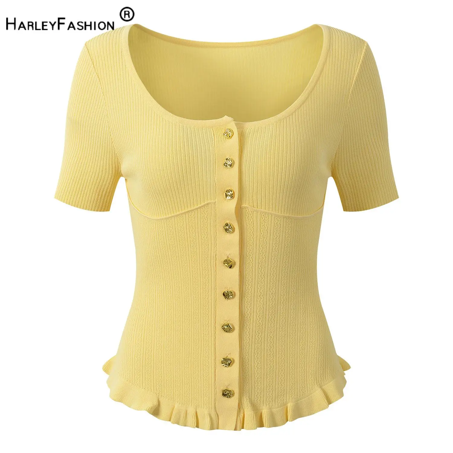 

2026 New Arrival Jacquard Lady O-neck Short Sleeve Single-breasted Flounce Hem Wear Women Solid Slim Fitted Knits Cardigan