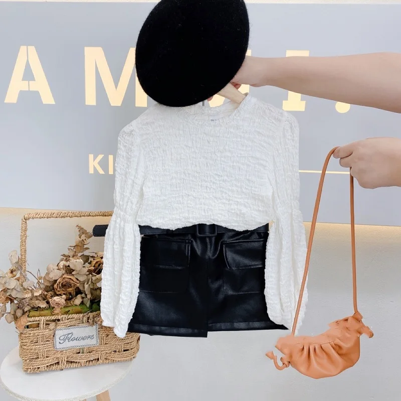 Fashion Baby Girl PU Leather Skirt Short Infant Toddler  Child Bag Waistbelt Leather Skirt Black White Baby Clothes 1-7Y