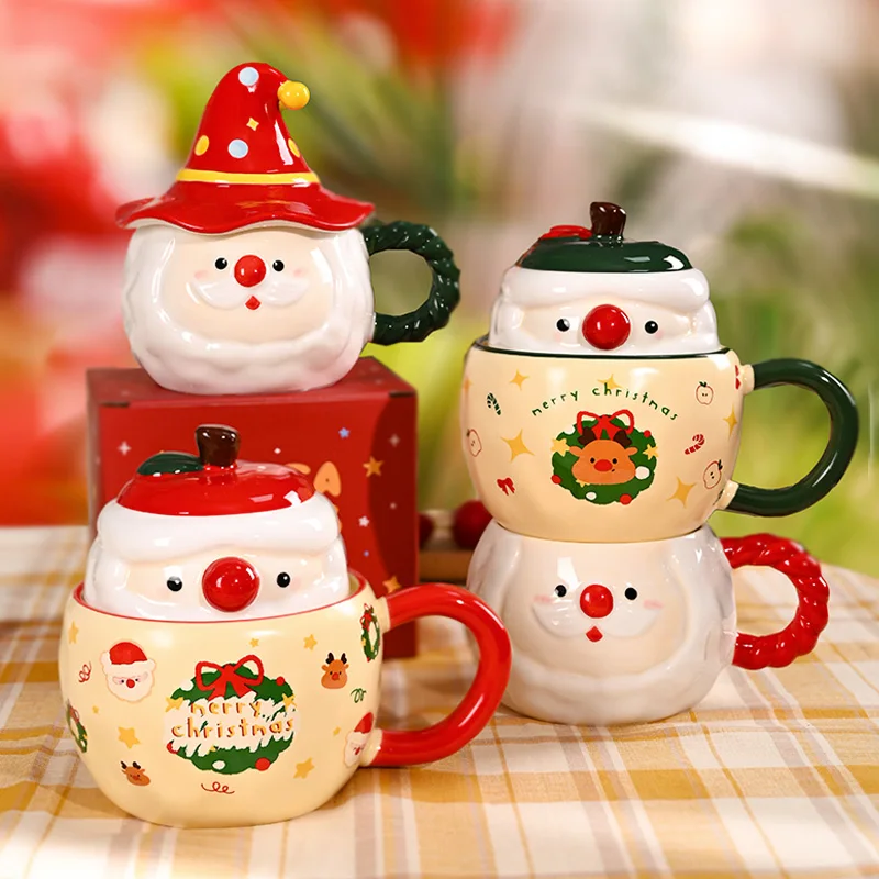 

Nordic Ins Santa Claus Ceramic Mug Ornaments Living Room Bedroom Dining Table with Lid Breakfast Cup Milk Cup Christmas Gifts