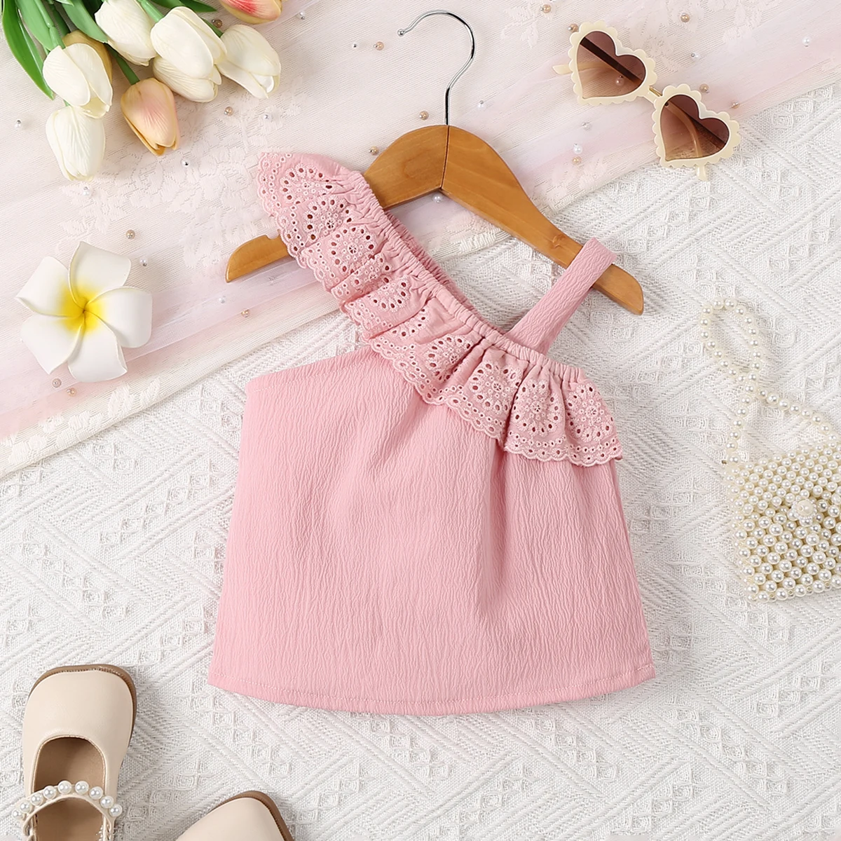 Baby Girl's Pink Lace Ruffle Collar T-Shirt with Cute Suspender Single Room Casual Summer Fashion Top for Girls