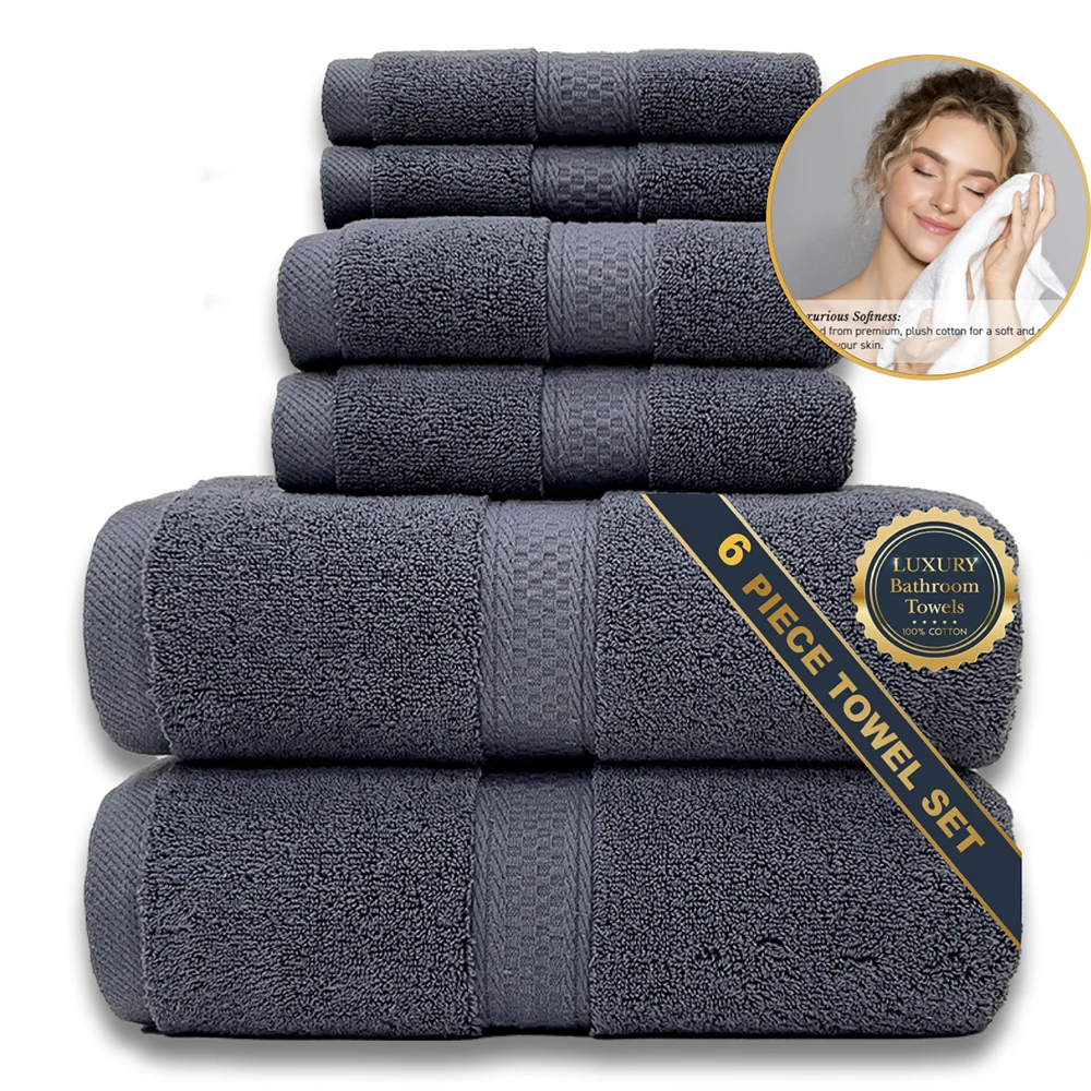 2 Bath Towels 2 Hand Towels 2 Face Wash Towels 100% Cotton Bathroom High Quality Absorbent Hotel Family Deluxe 6 Piece Set Blue