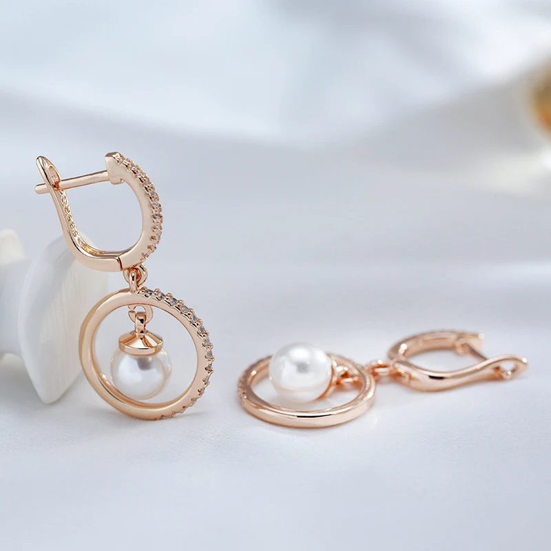 Kinel Luxury Pearl Long Drop Earrings For Women Trendy 585 Rose Gold Easy Matching Dangle Earring Fine Wedding Daily Jewelry