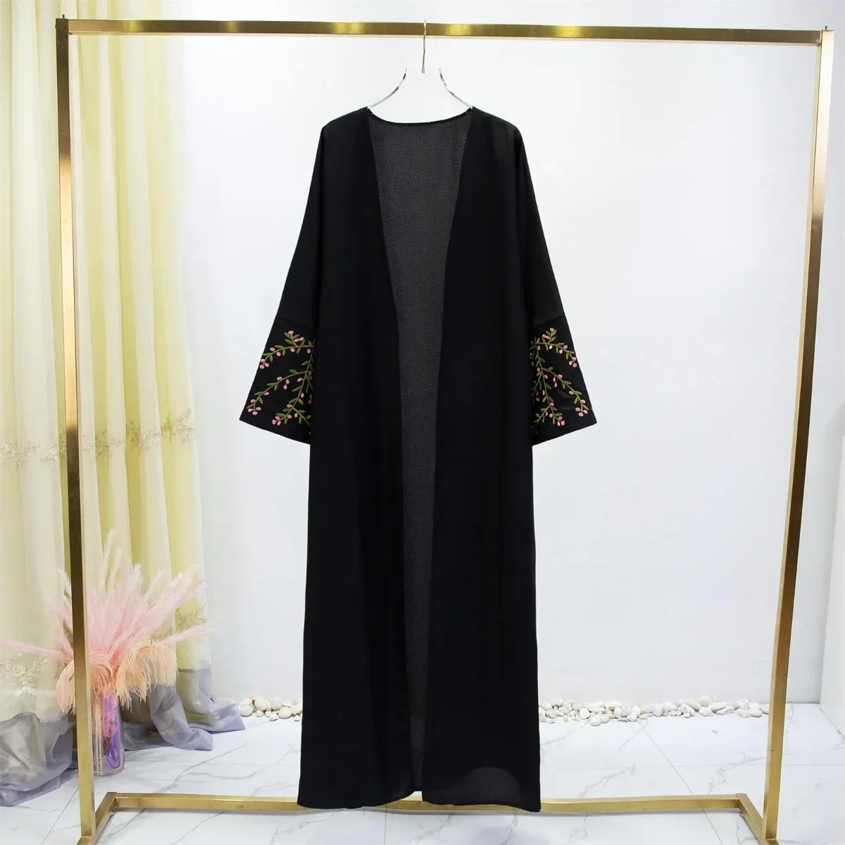 Embroidery Open Front Abaya Long Sleeve Maxi Length Dress Womens Clothing Muslim Cardigan Abayas Wearout Kaftans Women Jilbabs