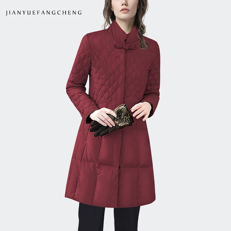 Fashion Women Lightweight Thin Down Jacket Wine Red Slimming Lengthened Stand Collar Puffer Coat Warm Windproof Duck Down Jacket