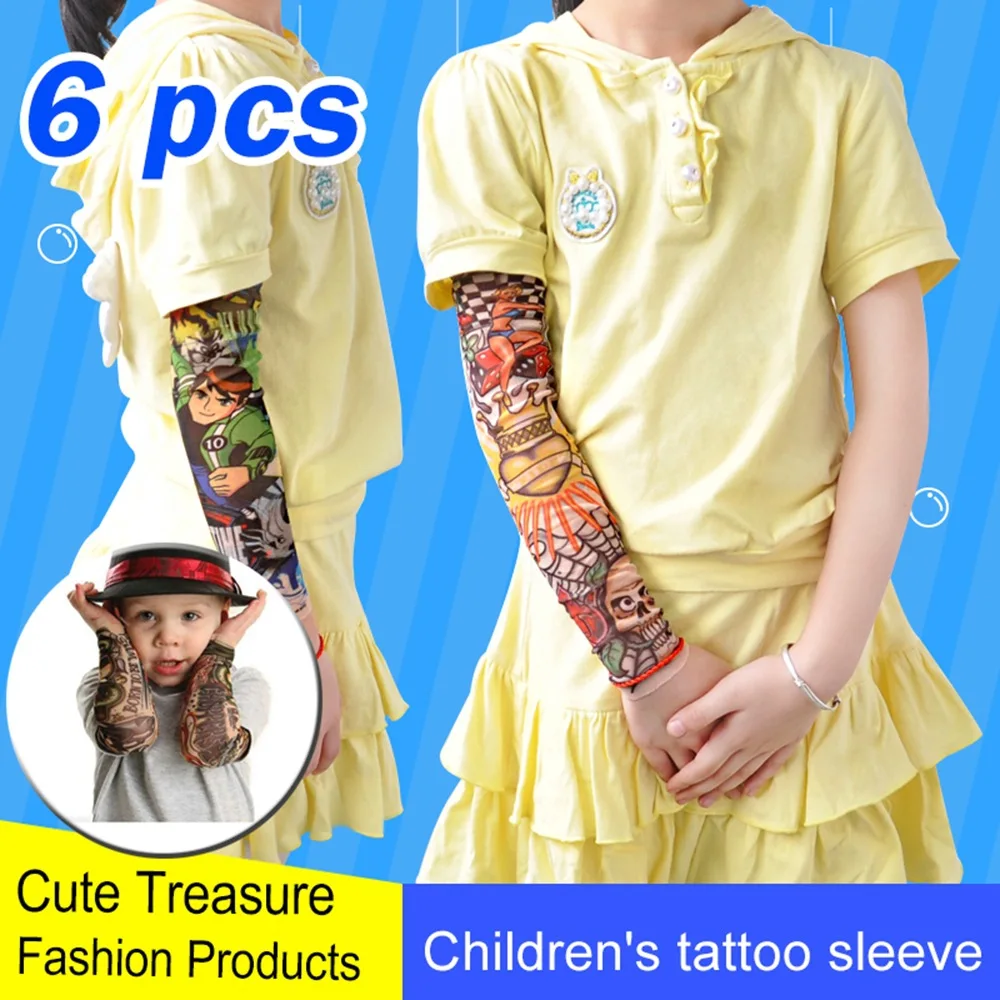 Manchons de tatouage pour enfants, 6 pièces, pour filles et garçons, Protection solaire d'été, manches à motifs, cyclisme en plein air, couverture de bras de tatouage fin