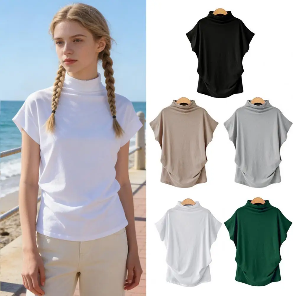 

Женская футболка-поло с высоким воротом и рукавами «летучая мышь», свободного кроя, с боковыми сборками, для комфорта при носке