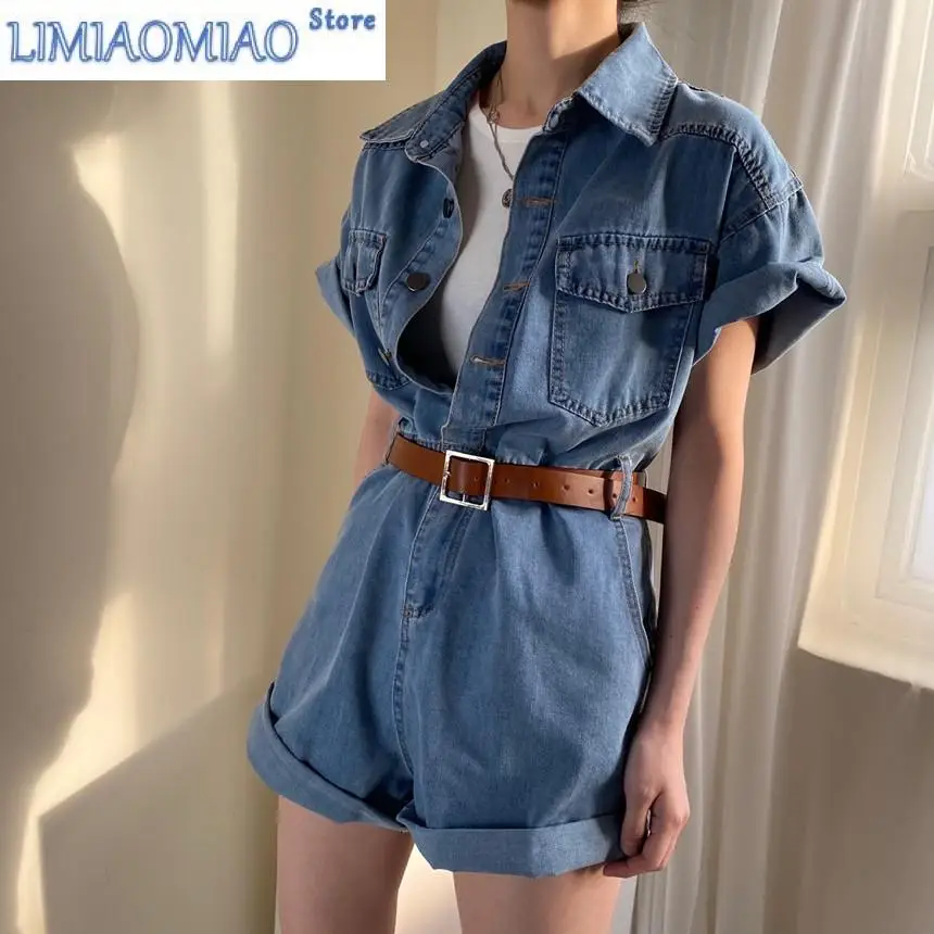 New Women Rompers Summer Casual Short Sleeve Jumpsuit Denim Short Pants Turn-Down Collor Playsuits Overalls