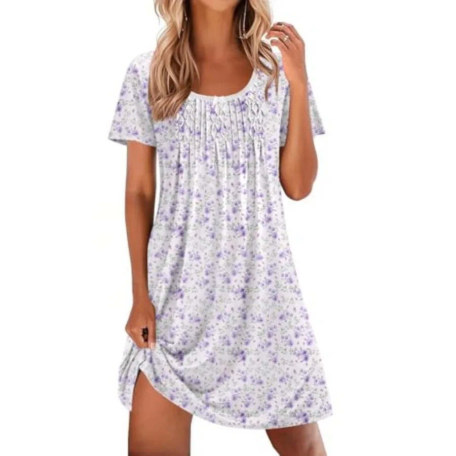 

Ekouaer Nightgowns for Women Pleated Sleep Shirts Short Sleeve Night Shirts Lace Trim Night Gown Ladies Sleep Dress