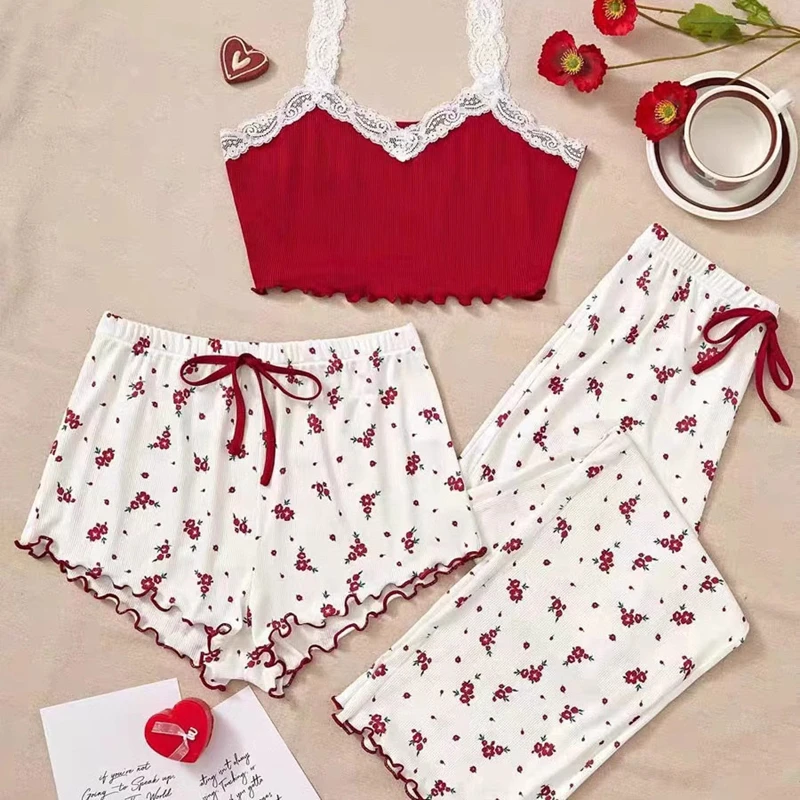 

Heart Print 3Pcs Pajama Set Spaghetti Strap V-Neck Cami Top Bow Decor Shorts And Pants Sweet Fresh Style Fit Girls' Sleepwear