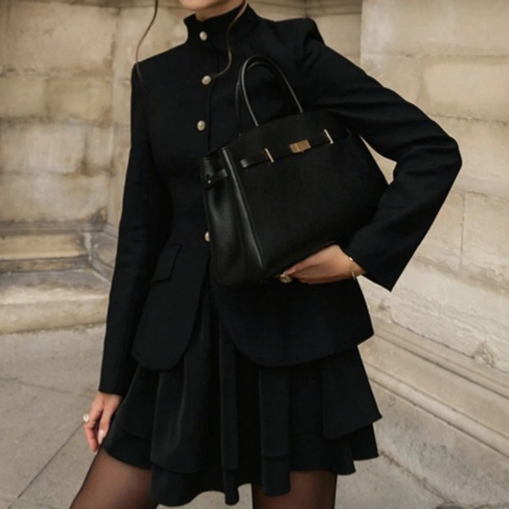 TWOTWINSTYLE Autumn Retro Two Piece Set for Women Stand Collar Slim Long Sleeve Versatile Top Short Skirt Commuter Suits Female