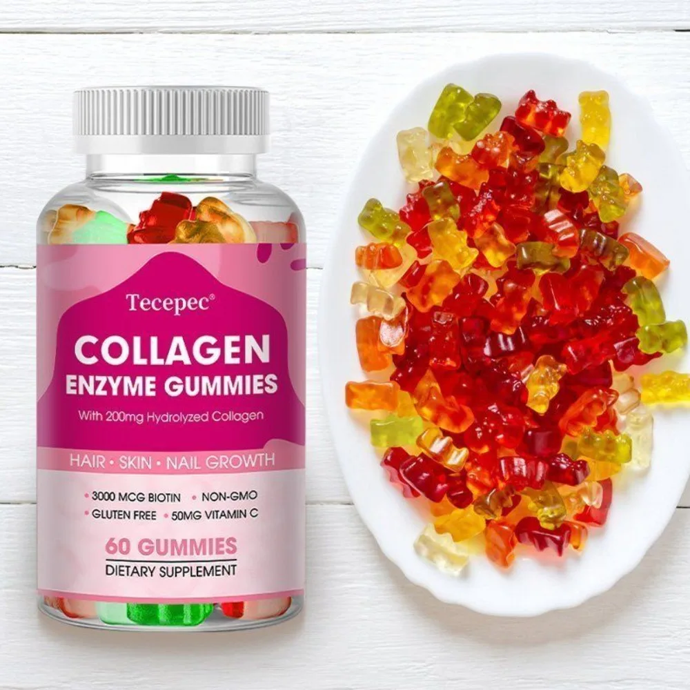 Collagen Enzyme Gummy, 60 Counts | with 200mg Hydrolyzed Collagen 3000 Mcg Biotin, 50mg Vitamin C, Support Skin Nail Hair Growth