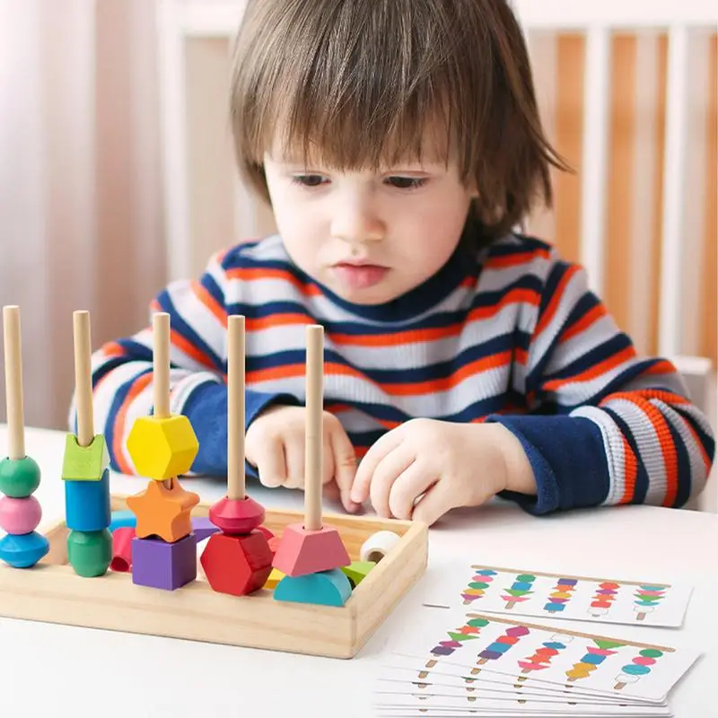 Bloques de madera de apilamiento de cuentas Montessori, rompecabezas de actividades, juguetes coloridos, clasificador de formas, bloques de aprendizaje