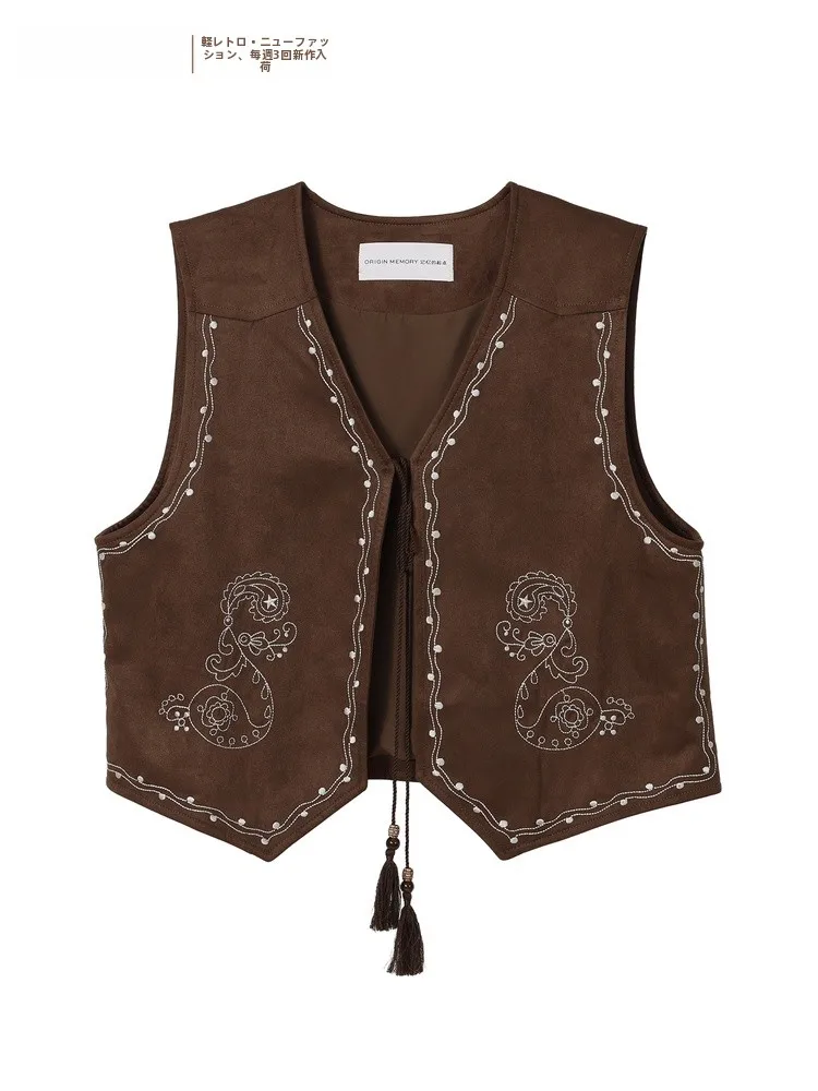 

Faionable Layered Vest Memory's Beginning 2026 Spring New Retro Sle Women's Outerwear Polyester Fiber V-Ne Belted