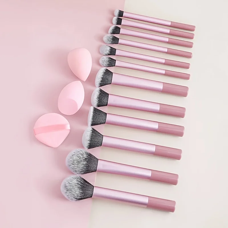 15Pcs Pink Makeup Tool Set 12 Makeup Brushes+2 Makeup Sponge+1 Velvet Powder Puff Soft Synthetic Hair Cosmetic Kit for Beginner