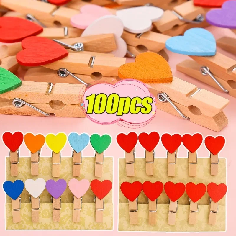 100-10pcs Wooden Colored Love Heart Photo Clip Memo Paper Postcard Photo DIY Clips Cabinets Clothespin Party Wedding Decoration