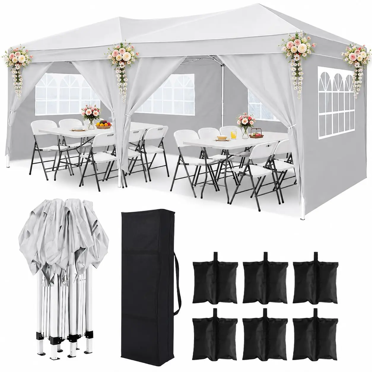 10x20 FT White Pop Up Canopy Tent with 6 Sidewalls, Waterproof Commercial Outdoor Gazebo with Carry Bag for Weddings and Parties