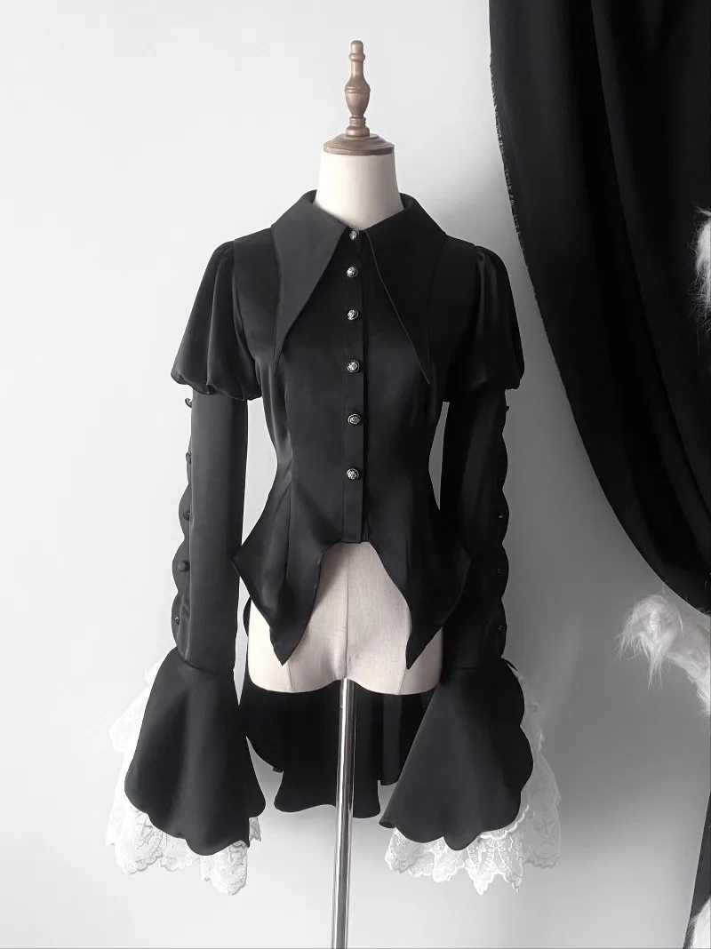 

Japanese Subculture Original Lolita Slim Tail Shirt Gothic Retro Palace Style Turn-down Collar Long Sleeve Irregular Shirt Women