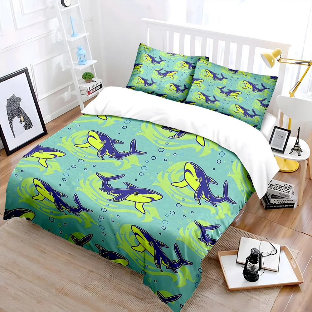 Cartoon Shark Ocean Pattern Pattern Duvet Cover Set Digital Print Colorful Polyester Bedding with Zipper Closur for kids gifts