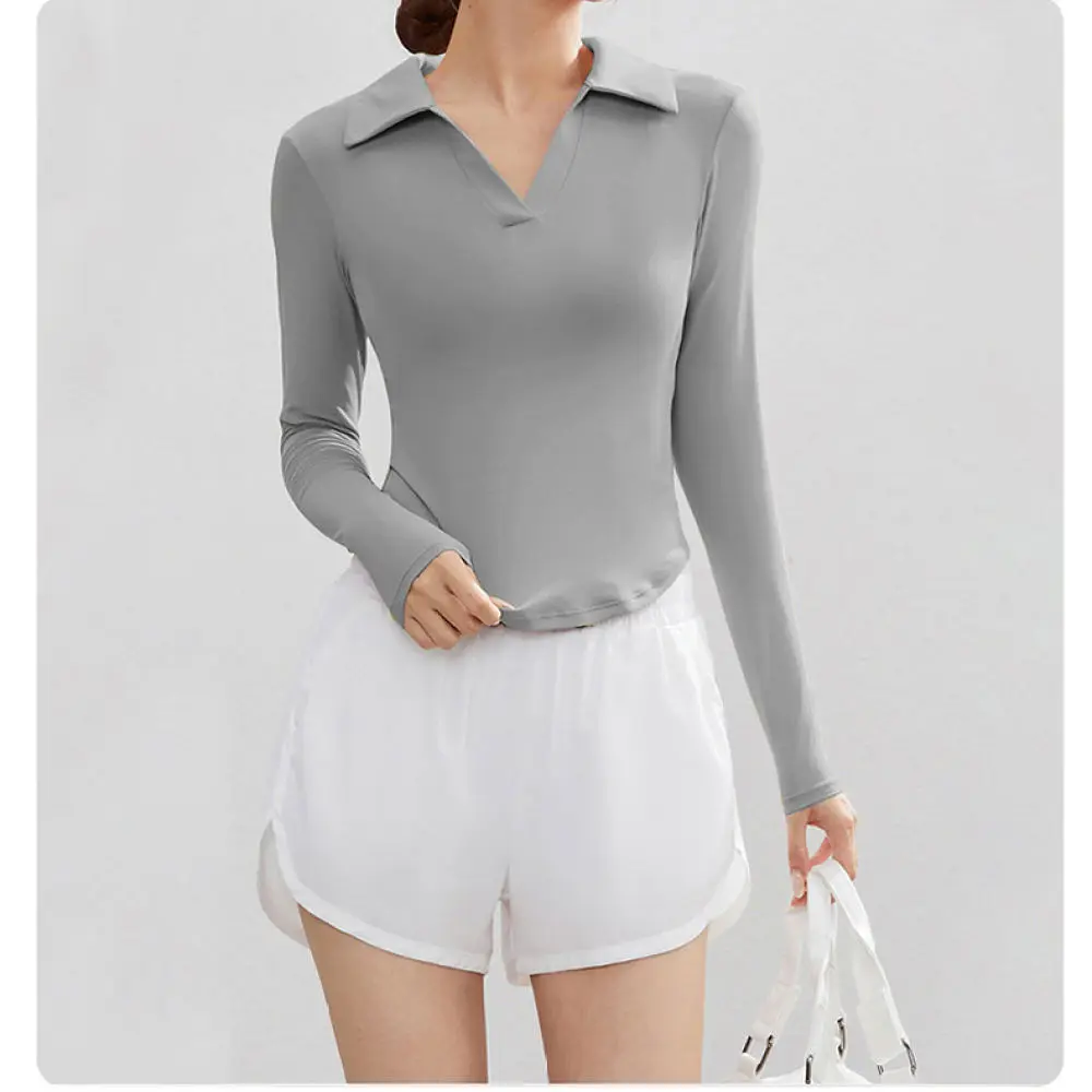 Women Yoga Workout Top Slim Fit Long Sleeve Polo Shirt Fitness Gym Training Running Athletic Sportswear Casual Blouse