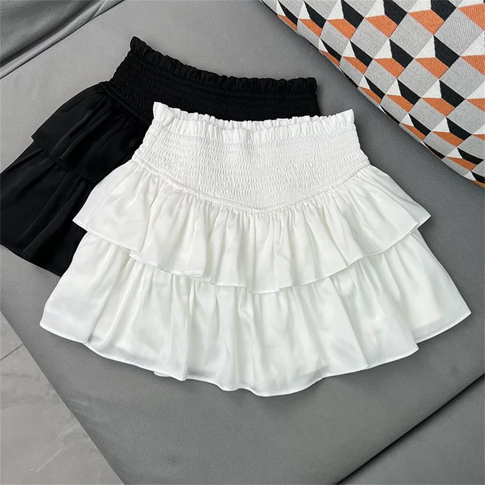 Spring Cake Pleated Skirts for Women White new Short Skirt Summer Korean Ruffled Elastic Waist Anti Glare A-line Mini Skirt