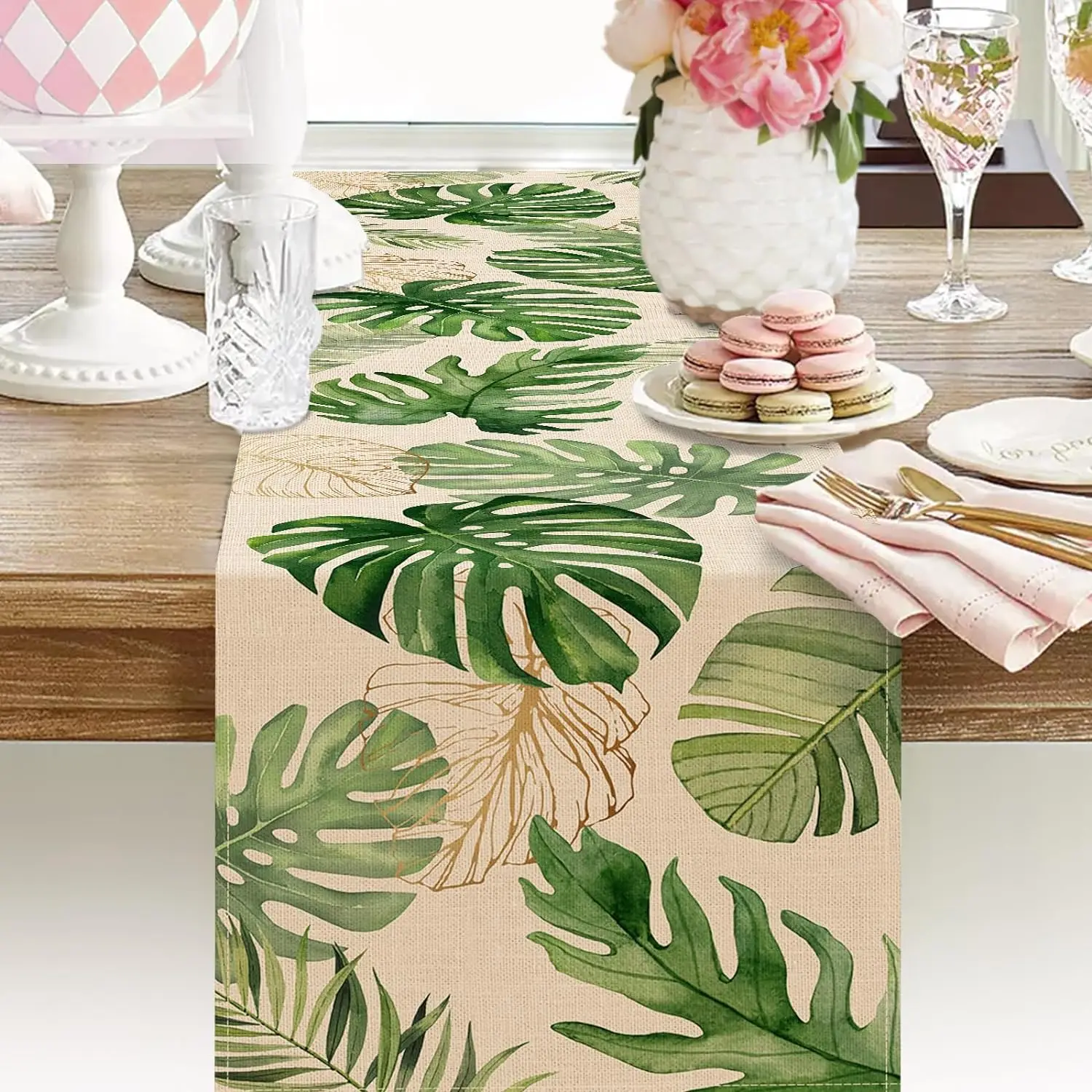 Summer Palm Leaves Tropical Greenery Linen Table Runners Spring Seasonal Home Kitchen Dining Table Decor Outdoor Party Decor