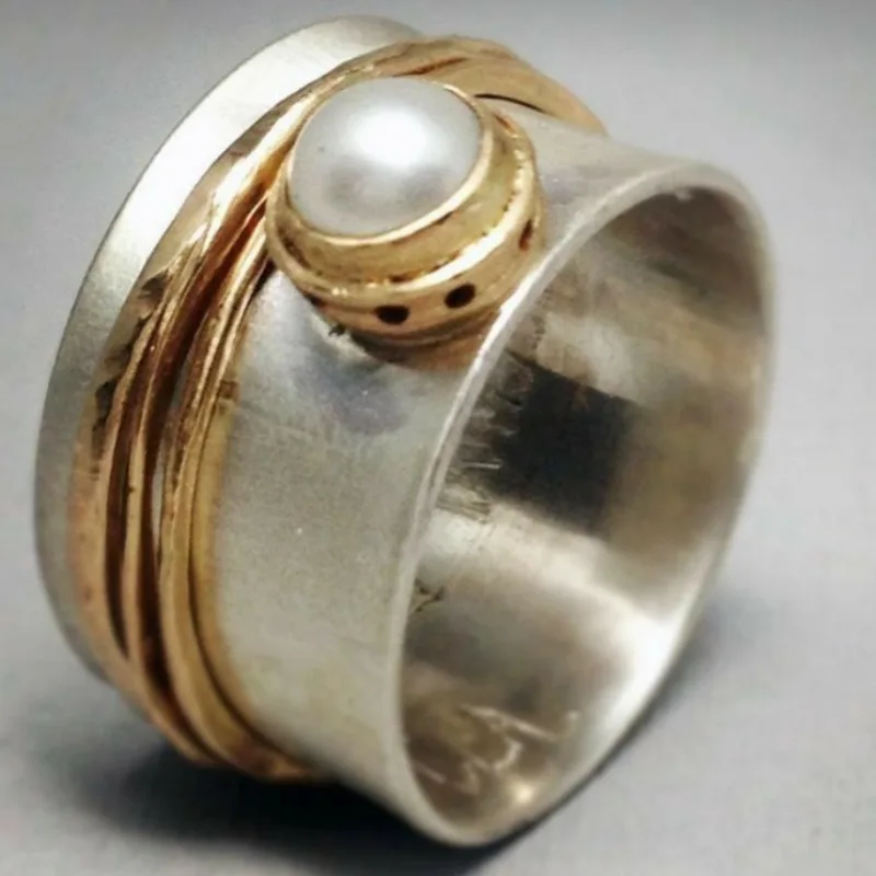 Vintage Inlaid Imitation Pearl Wide Women's Ring Ethnic Two Color Geometry Daily Wear Party Jewelry Anniversary Gift