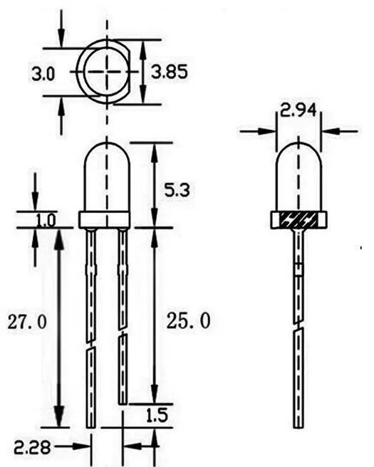 Diodo emisor de luz LED bidireccional transparente, 2 pies, 3mm, 100 piezas