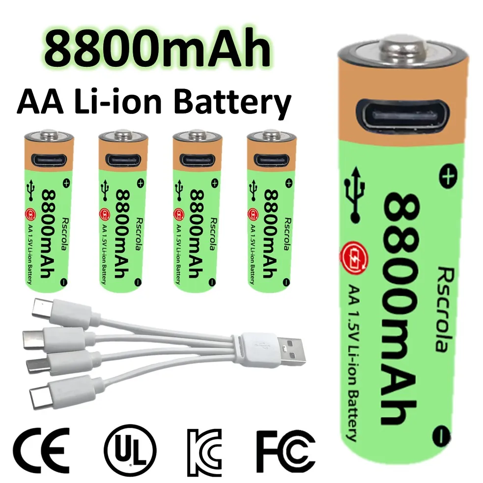 Durable AA Rechargeable Battery Large Capacity 8800mAh Lithium Batteries USB-C Fast Charge 2000+ Cycle for Toy Camera Clock Lamp