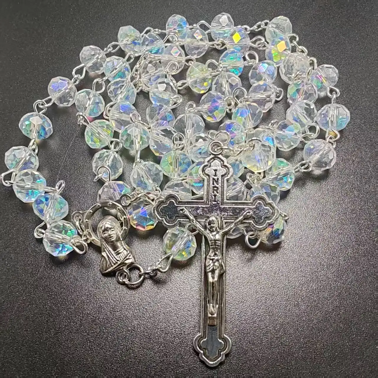 6*8mm AB plating facet crystal rosary necklace religious use Jesus cross rosary with virgin Mary center