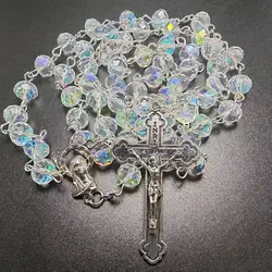 6*8mm AB plating facet crystal rosary necklace religious use Jesus cross rosary with virgin Mary center