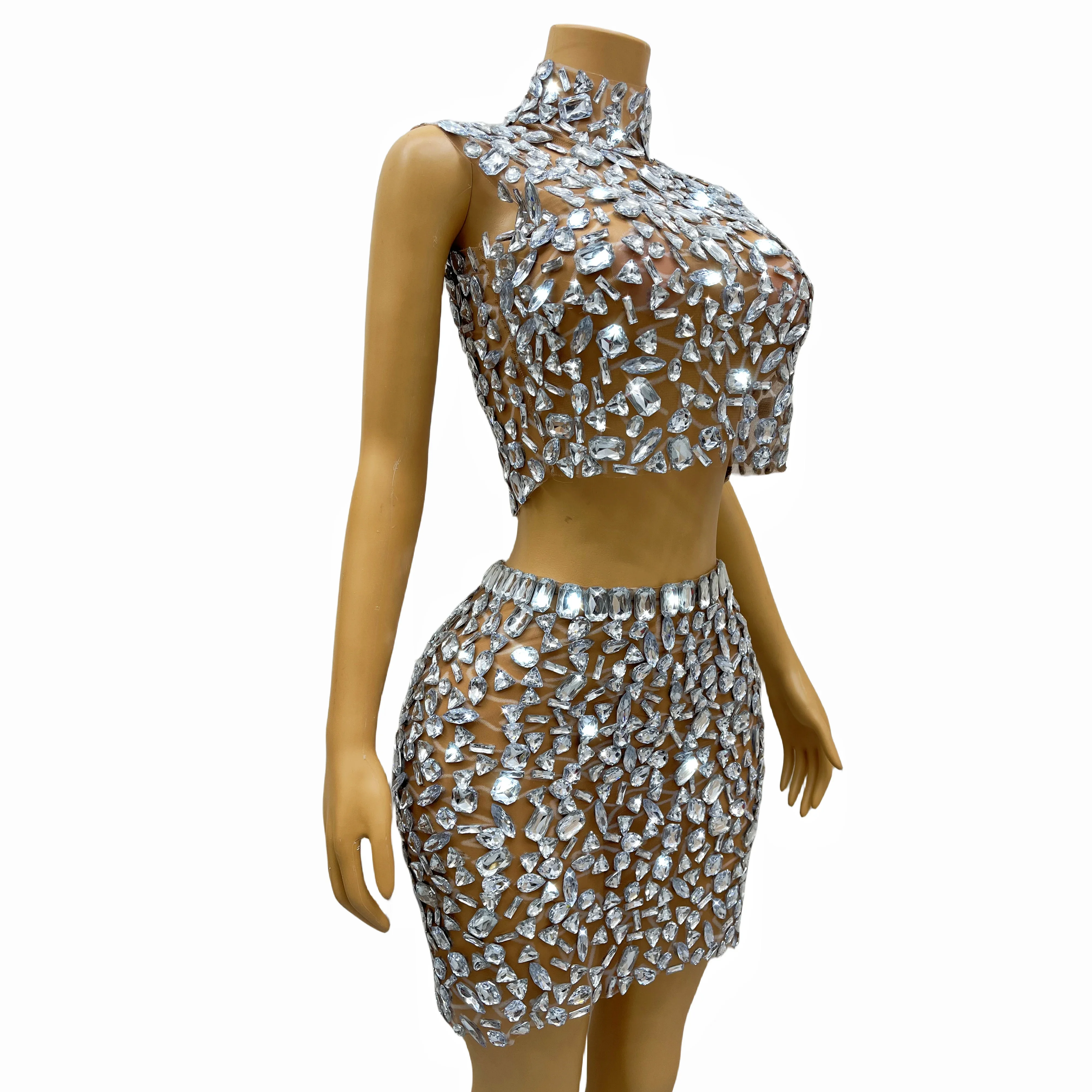 Rhinestones Shining Top Skirt Set Sexy Transparent Crystals Outfit Birthday Party Collections