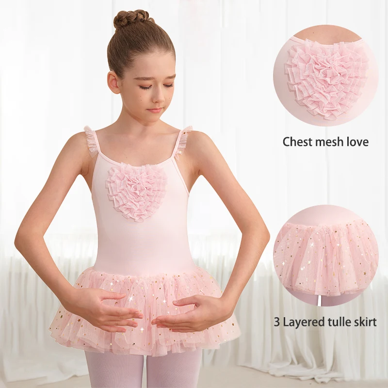 Leotardos de Ballet sin mangas para niñas, vestido de baile con tutú brillante para niños, disfraz para niños, Ropa de baile con corazón de malla en el pecho, Ropa deportiva ﻿