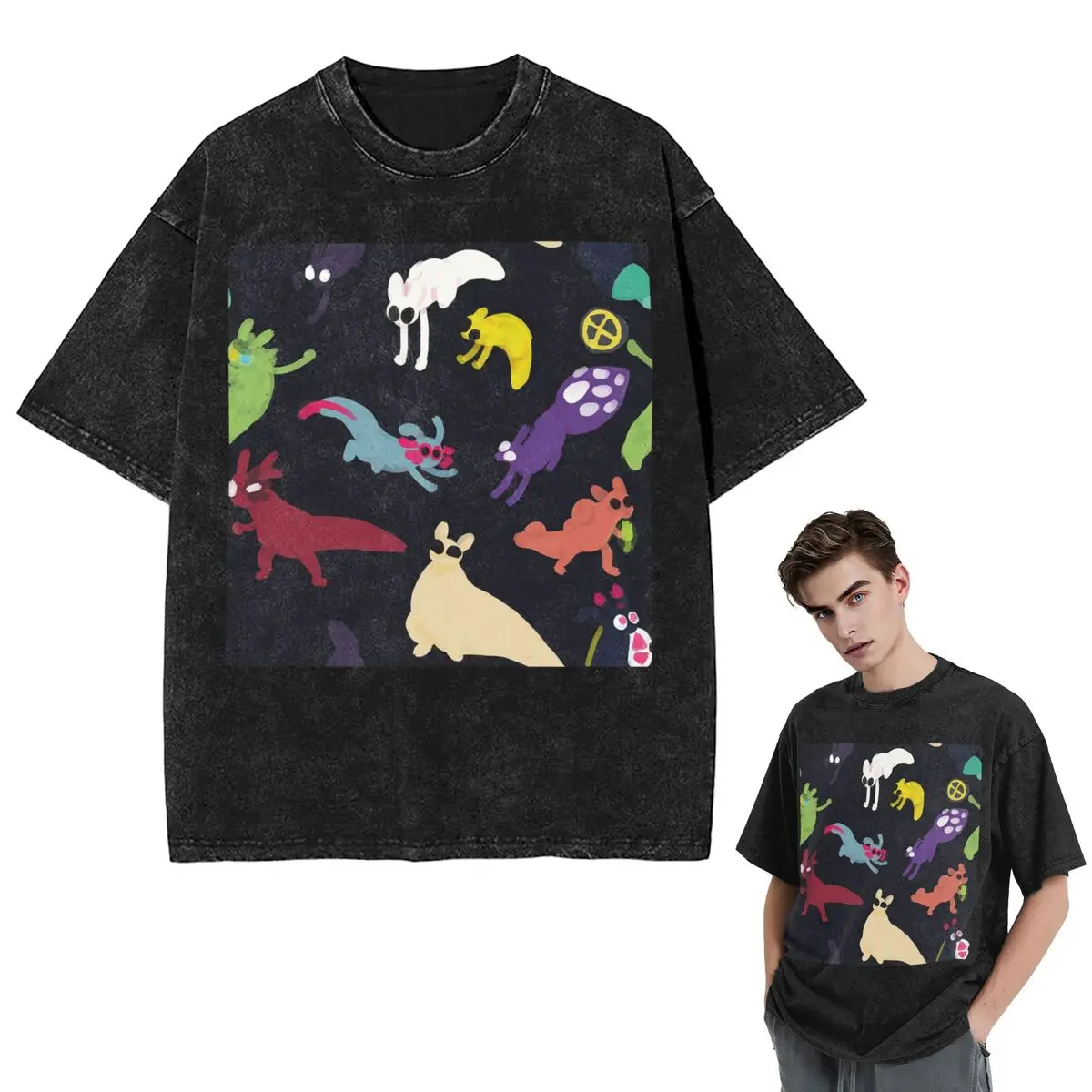 Streetwear T-Shirts Rain World Slugcats Pattern Game Washed T Shirt Short Sleeve Hip Hop T-Shirt Tops Tees for Men Women