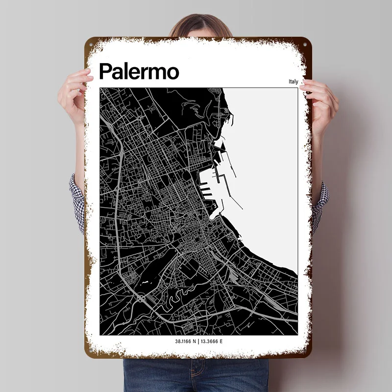 Póster Impreso con Mapa de Palermo en Blanco y Negro, Arte Retro Personalizado para Pared, Letreros Metálicos Vintage para Decoración de Habitaciones, Salas de Juego, Garajes y Hogares