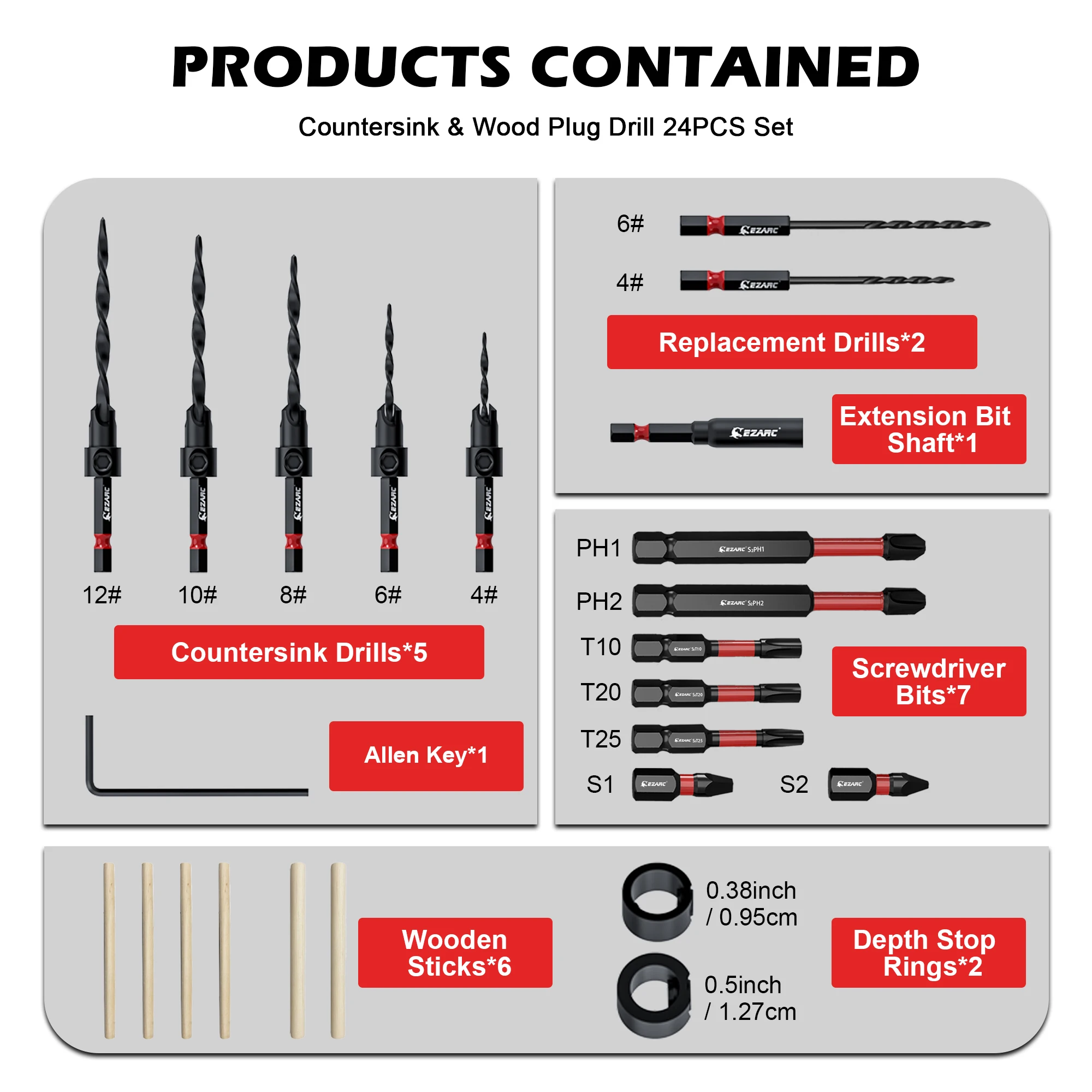 24PCS Countersink Drill Bit Set, Tapered Drill Bits Kit for Woodworking, Counter Sink Drill Bits with Storage Box