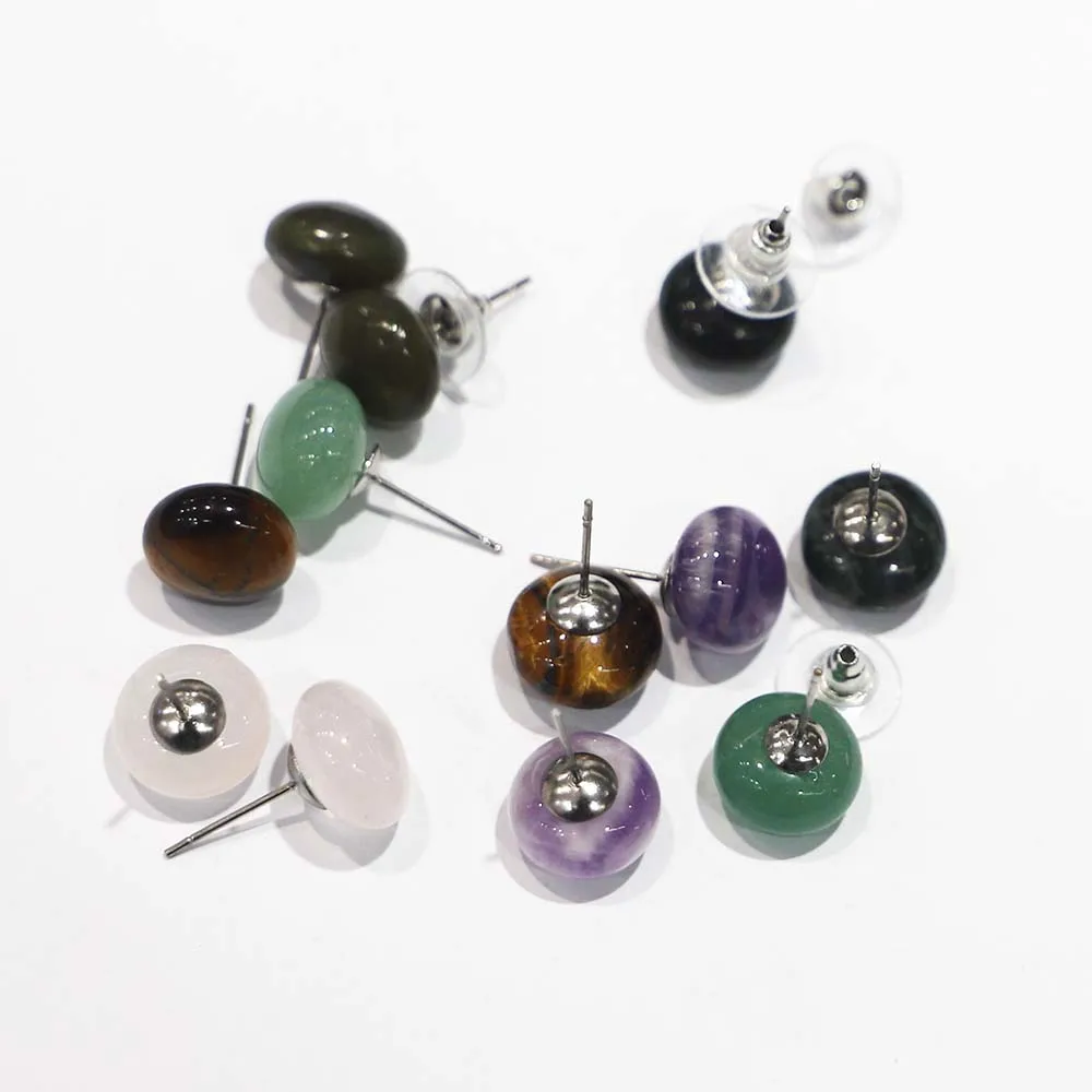 

8*12MM Natural Stone Round Stud Amethyst Earrings Rose Quartz Tiger Eye Crystal Simple Ear Handmade Bohemian Women Jewelry 6Pair