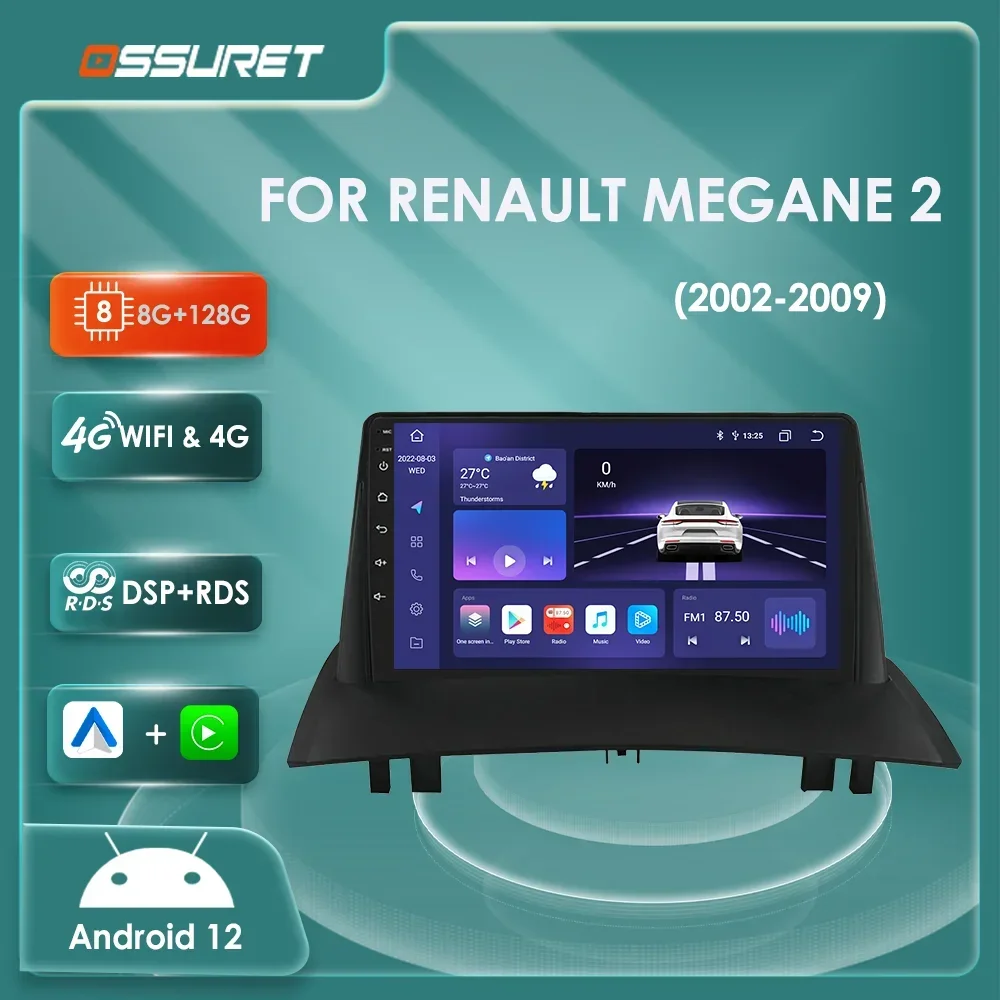 

7862 2Din Android 12 Autoradio Multimedia 4G Carplay for Renault Megane 2 2002-2009 GPS Navigation Stereo 9"dsp Head Unit Audio