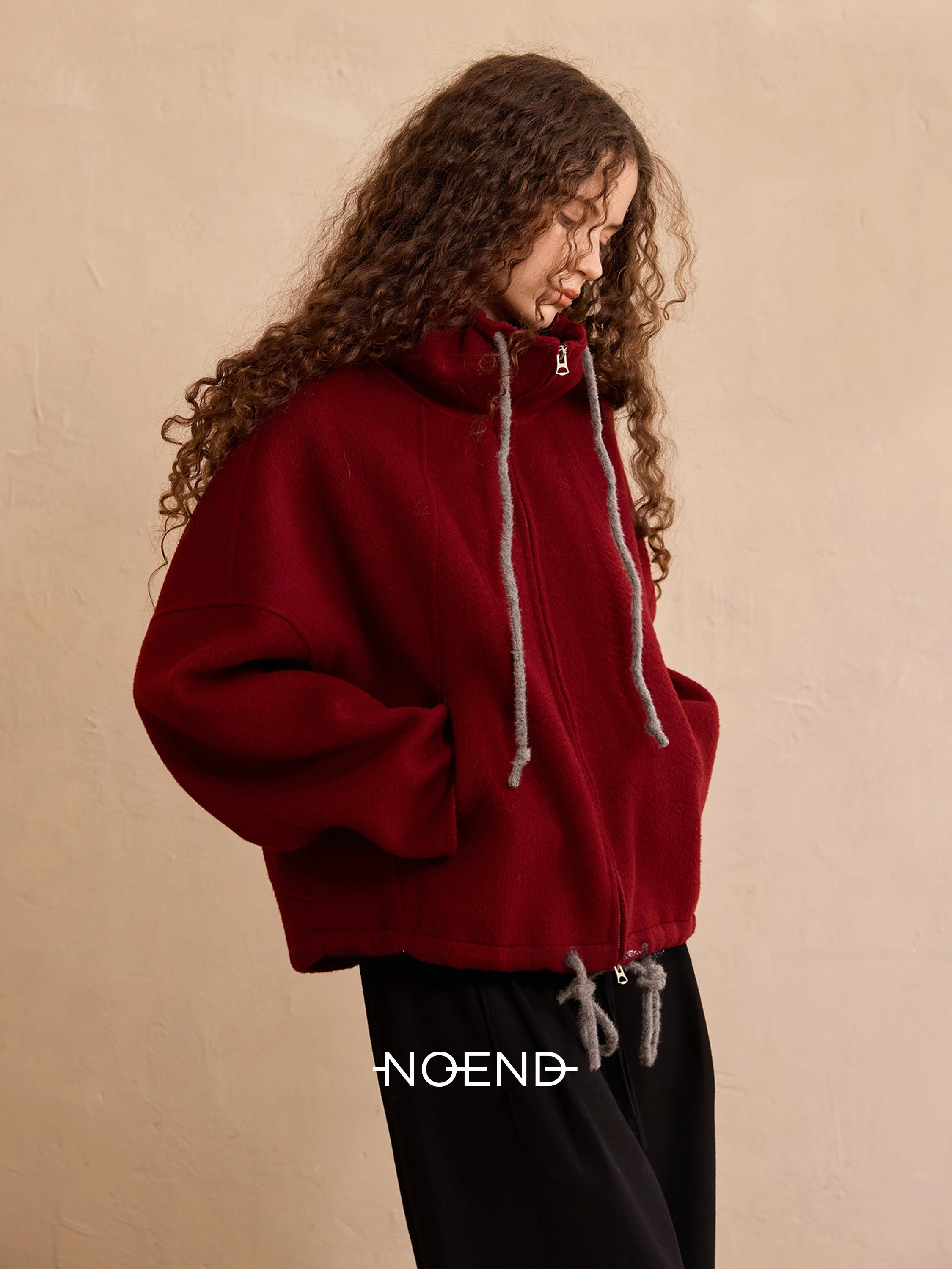 

Noend25 Double-sided Woolen ort Jaet Full Wool Loose Fit Stand Collar Dstring Red And Color Contrast Women's Coat