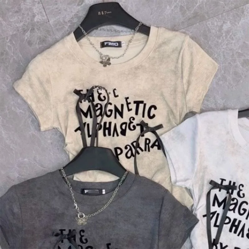 Sweet 3D Bow Letter Print Women T Shirts Y2K Summer O Neck Short Sleeve Slim Female Tops Korean Chic Lolita Folds Crop Tees