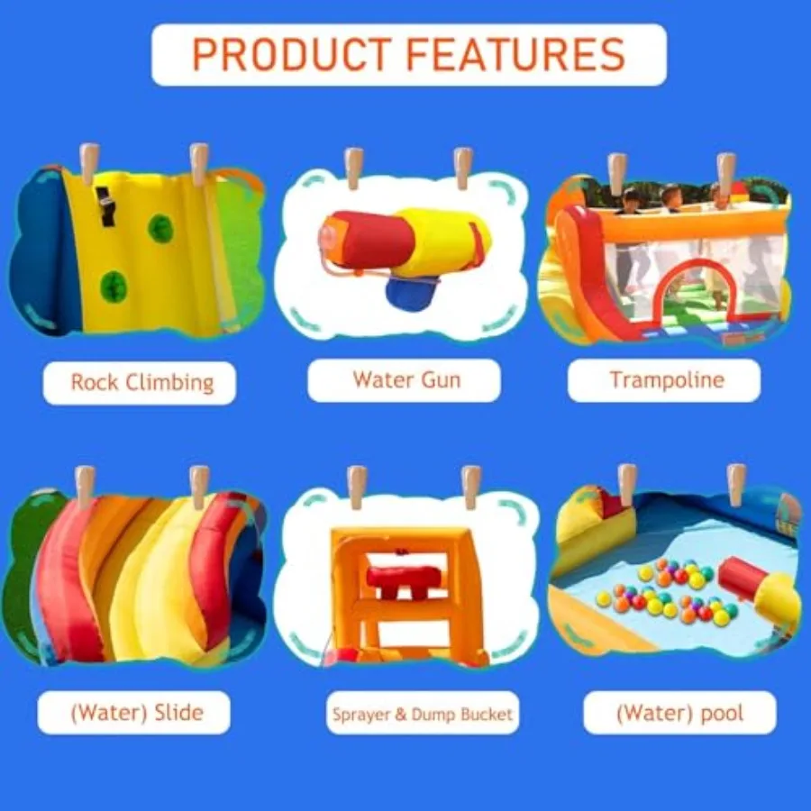 Toboggan aquatique gonflable pour maison de rebond – Parc aquatique d'arrière-cour pour enfants avec toboggan, piscine (poisson à balles), et décharge de seau pour extérieur/intérieur