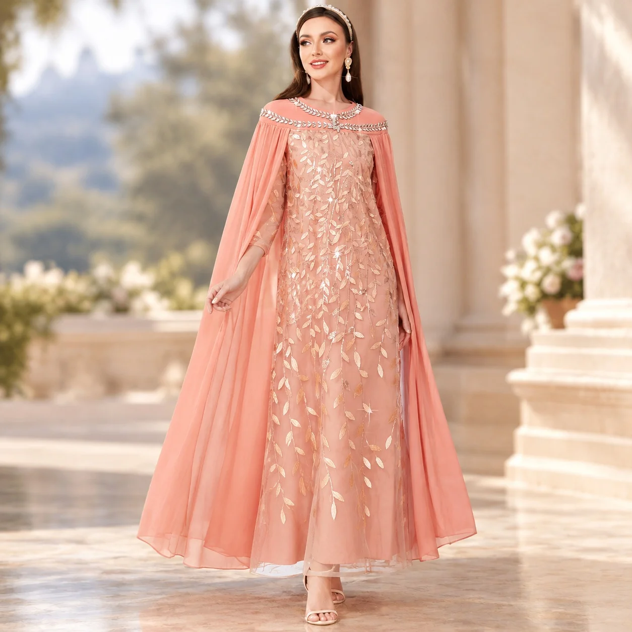 Pullover Loose Fit Cape with Plant Flower Pattern Dress in Nameless Noblewoman Style for Women Long Length a Line Pleated Dress