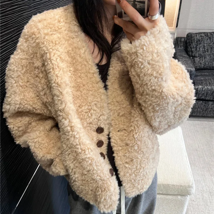 Women Thick Faux Fur Jacket Short Coat Single Breasted Long Sleeve Jackets V Neck Warm Casual Regular Furry Coats Winter