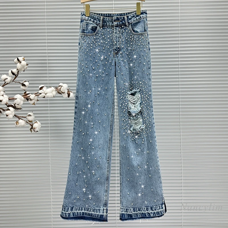 

European Ins Diamond-Embedded Mop Jeans for Women Ripped Denim Trousers 2024 New Summer High Waist Wide-Leg Pants Street Jeans