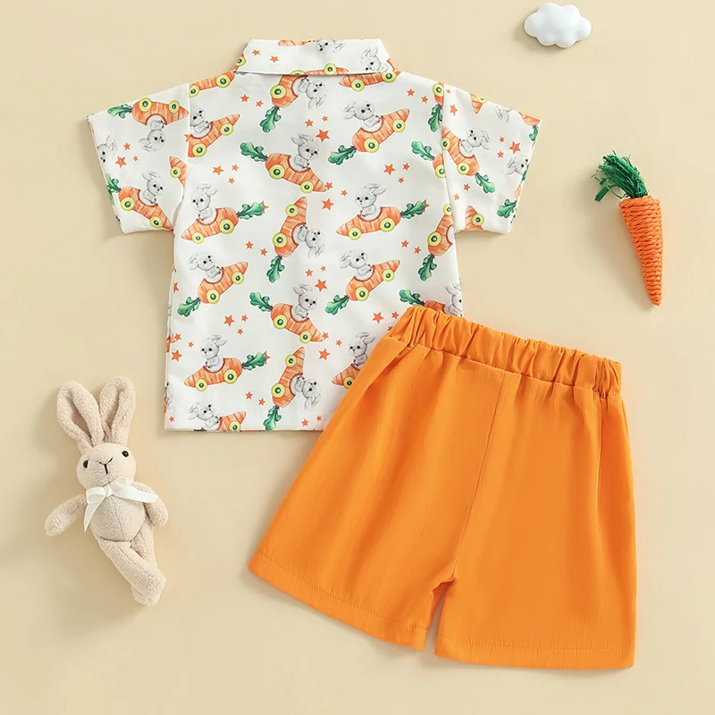 Toddler Boy Easter Outfit Bunny Rabbit Print Short Sleeve Button-up Shirt with Bowtie and Solid Shorts 2 Piece Set - Spring