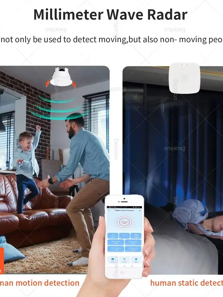 Czujnik obecności Excellux Tuya WiFi/Zigbee, radarowy detektor ruchu, mikrofalowy czujnik ruchu, wykrywanie jasności, inteligentna automatyzacja życia — zdjęcie 2